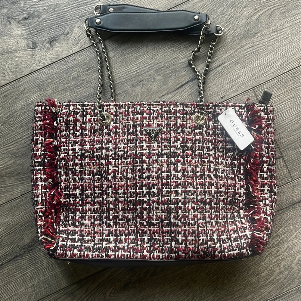 NWT Guess bag Cessily tweed tote bag Reds and blacks
